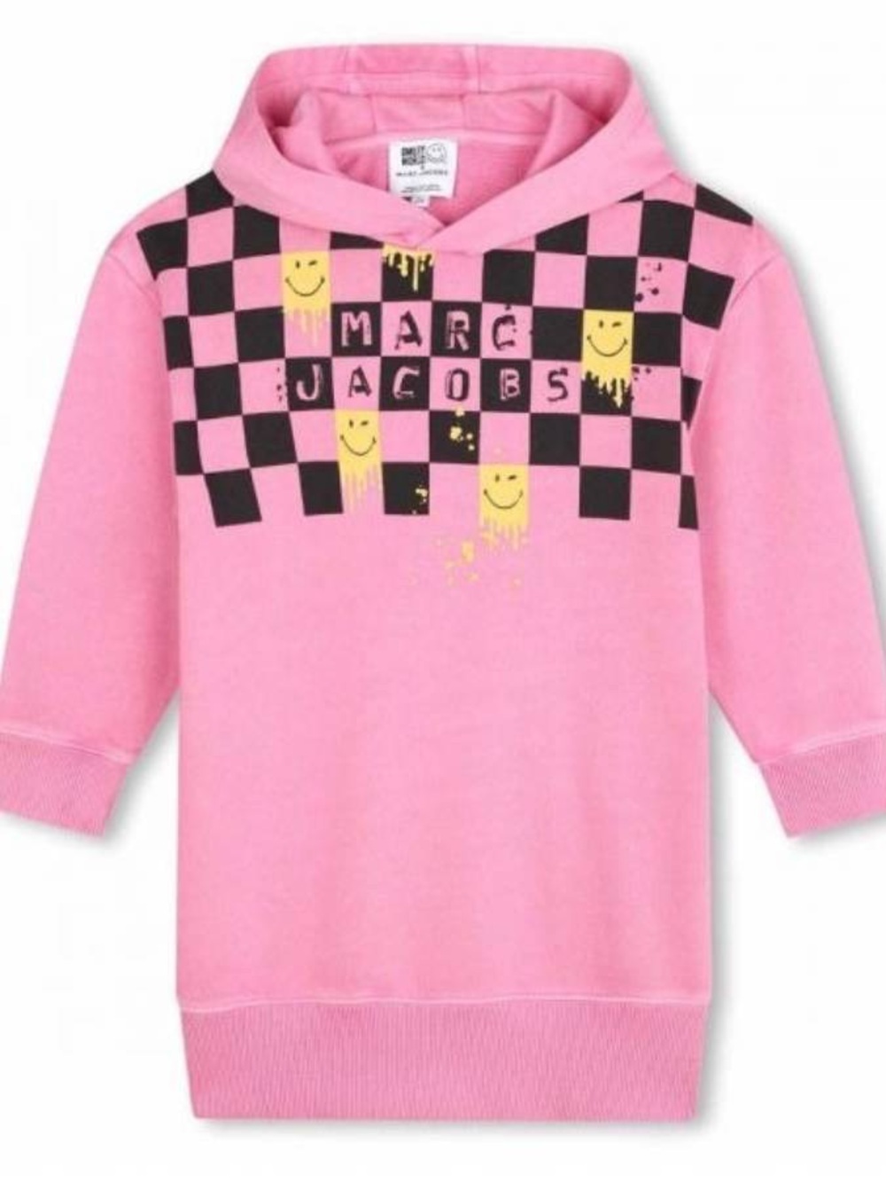 Marc Jacobs Pink Hoodie Dress with Black Checkerboard and Yellow Smiley Accents